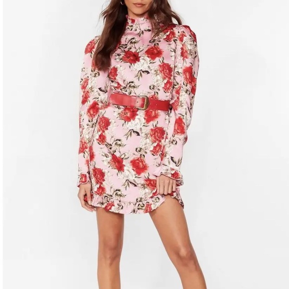 Nasty Gal High Neck Coquette Floral Long Puff Sleeve Mini Dress Size 10 New - Picture 1 of 9